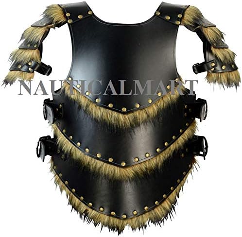 NauticalMart Barbarian Leather Jacket W/Pauldron Leather Armor for LARP Black Body Armor