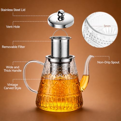 Image of 1500ml /52oz Large Glass Teapot, Zpose Vintage Tea Pot with Infuser for Loose Tea, Stovetop Glass Tea Kettle with strainer for 6-7 Cups