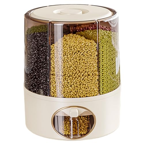 Dispensador de grano, cubo de arroz transparente rotativo de 360 ​​° con 6 compartimentos, dispensador de cereal de salida con un solo clic con tapa para cocina, 9.25x11.02 pulgadas de arroz con cubo