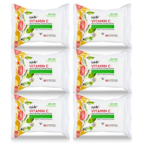 Epielle New Makeup Remover Cleansing Wipes Tissue - Vitamin C 30 Count 6 Pack Gentle For All Skin Types Daily Facial Cleansing Towelettes Removes Dirt, Oil, Makeup (Vitamin C) Beauty Stocking Stuffers Gift #TOP12