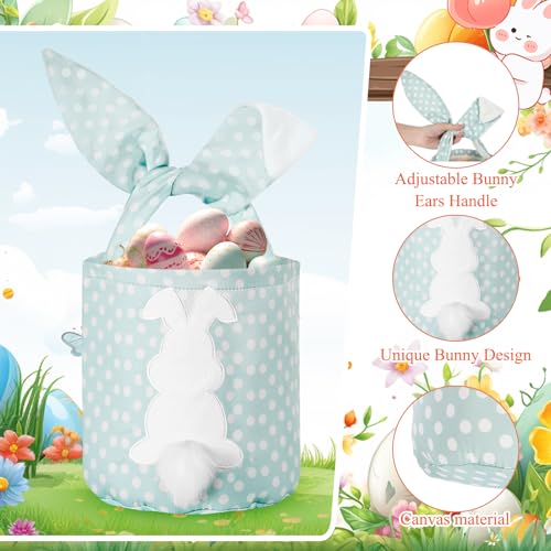 Image of Cosblank 6 Pcs Bunny Canvas Bags Rabbit Print Basket with Foldable Ears Candy Goodie Bunny Tote Gift Bag for Birthday Party Decorations Supplies(Vivid Color,Plaid and Dot)