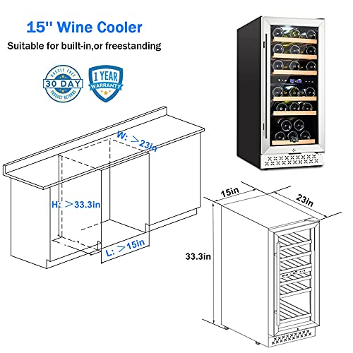 Image of Tylza 15 Inch Wine Fridge, 30 Bottles Dual Zone Wine Cooler Refrigerator, Undercounter or Freestanding, 40-65F, Wine Cabinet with Tempered Glass Door, Wine Cooler for Home, Kitchen, Bar