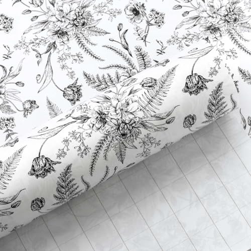Yarcony Black and White Wrapping Paper Floral Gift Wrapping Paper Roll Elegant Black Lined Flowers Gift Wrap for Birthday Wedding Baby Shower Christmas Bridal Shower Mothers Day (17 In X 16.5 Ft)