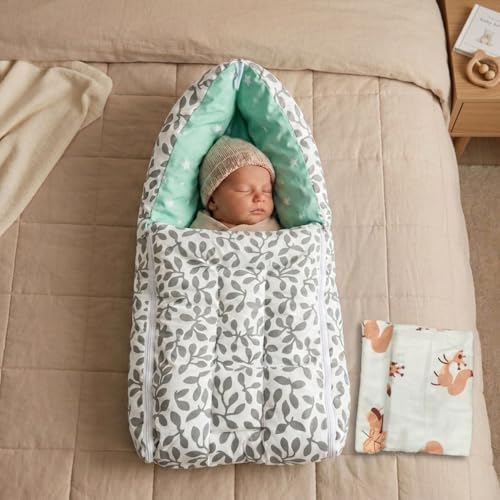 Image of 3-in-1 Baby Sleeping Bag & Carry Nest - Yellow Unisex 0-6 Months + 100% Cotton Swaddle Wrap 0-2 Years, Grey Design - Skin-Friendly, Breathable, Multi-Purpose Bedding Set for Newborns