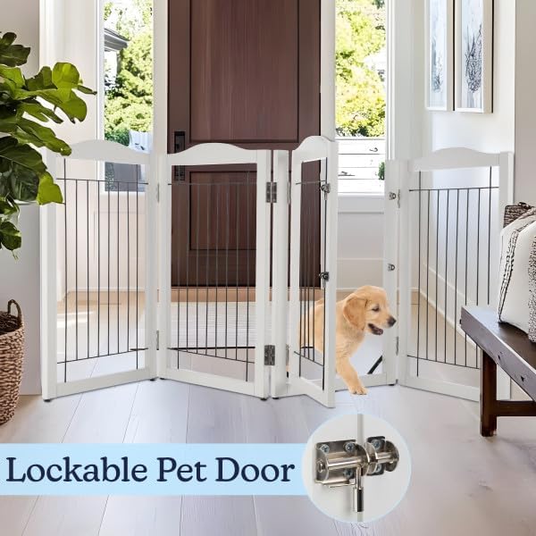 Freestanding Dog Gate - 4-Panel Foldable Indoor Pet Fence with Lockable Door and Support Feet - 80x32in Extra Wide Wood Dog Gate for Stairs, Hallways, or Doorways by PETMAKER (White)