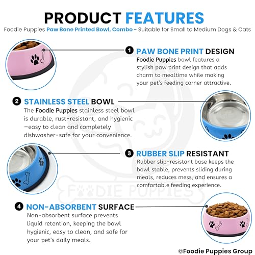 Image of Foodie Puppies Stainless Steel Dog Bowl Combo - (Medium, 700ml) Food and Water Feeding Gift Bowl | Suitable for Dogs, Cats and Other Pets I Paw Bone Print, Anti-Skid Rubber Base (Pink + Sky Blue)