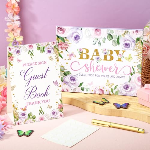 Image of Fuyoooo 27 Pcs Butterfly Floral Baby Shower Guest Book Set Baby Shower Sign in Guest Floral Book Place Table Cards with Gold Pen Adhesive Photo Corner for Birthday Party