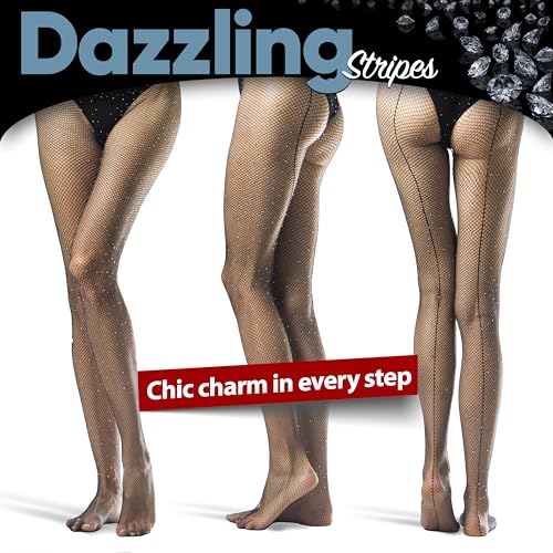 Black Rhinestone Fishnet Tights with Back Seam - Sparkling High Waist Pantyhose - Stylish and Sexy Glitter Stockings for Parties and Events - Seamless, Tear-Proof Design for Ultimate Durability2