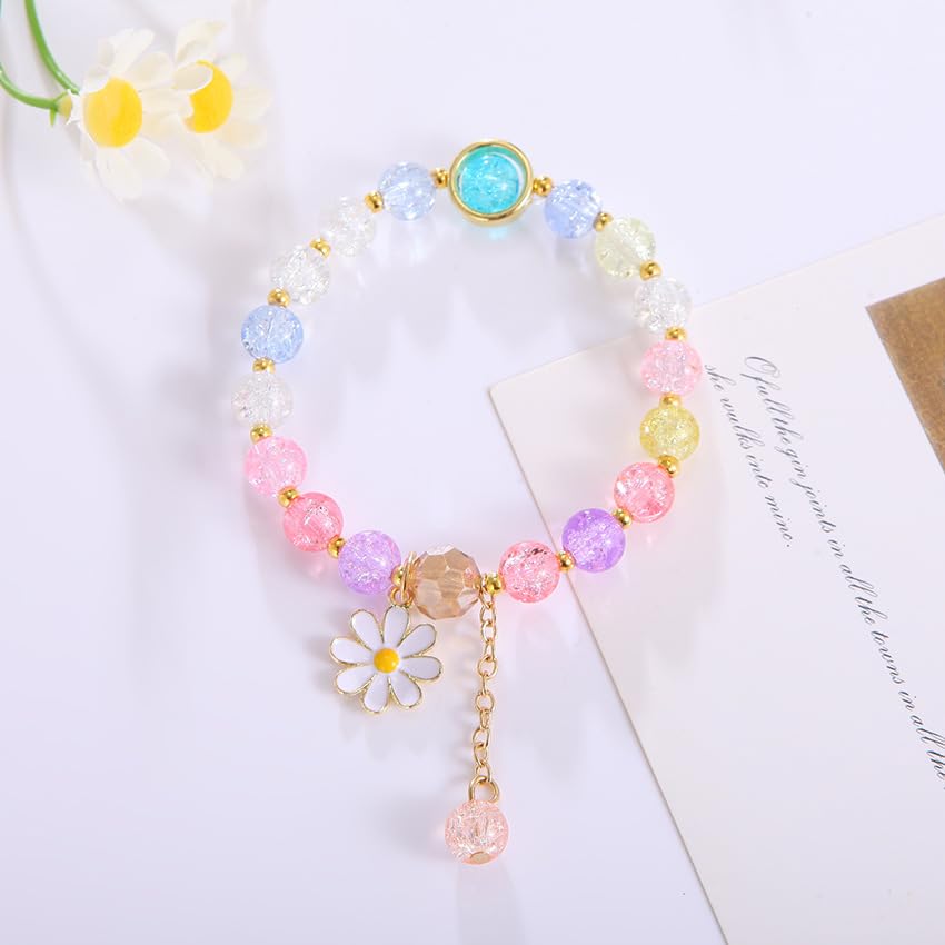 Image of El Regalo 1 PC Dailsy Flower Sparkly Crystal Beads Tassel Bracelet for Girls /Teens /Women- Cute Crackle Beads Daisy Flower Stretch Bracelet