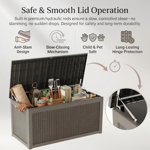 Image of 265 Gallon Resin Deck Box Outdoor Storage Chest, Large Waterproof Patio Storage Box, All-Weather Garden Storage Container for Cushions, Pool Supplies, Yard Tools - Easy Assembly, Lockable Lid