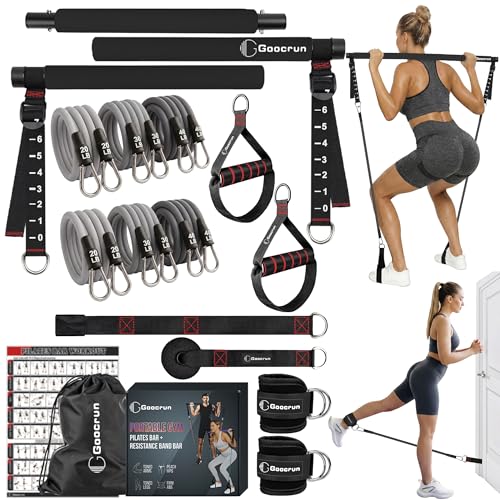 Image of Goocrun Portable Pilates Bar Kit with Resistance Bands for Men and Women - 3 Set Exercise Resistance Bands - Multifunctional Home Gym - Supports Full-Body Workouts - with Fitness Poster and Video