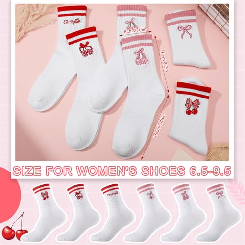 Jspupifip 6 Pairs Cute Cherry Crew Socks for Women Girls White Striped Crew Socks Funny Fruit Cotton Sock for Athletic Sports Running Casual Sock2