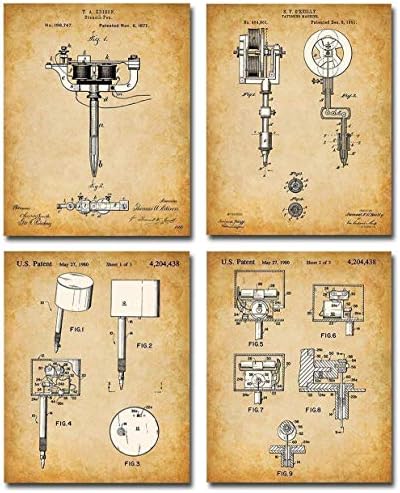 Original Tattoo Machine Patent Prints - Set of Four Photos (8x10) Unframed - Makes a Great Tattoo Shop Decor and Gift Under $20 for Tattoo Artists and Ink Fans