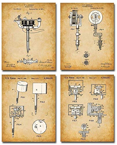 Original Tattoo Machine Patent Prints - Set of Four Photos (8x10) Unframed - Makes a Great Tattoo Artist Gift - Tattoo Shop Decor and Gift Under $20 for Tattoo Artists and Ink Fans