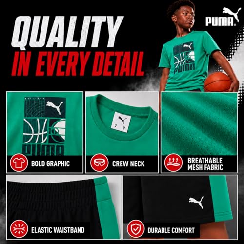 Image of PUMA Boys Short Set - 2 Piece Short Sleeve Crewneck Performance Graphic Tees and Athletic Mesh Shorts for Boys (Sizes: 4-16)
