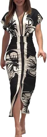 CHICME Summer Dresses for Women Floral Print Plunge V Neck Midi Dress