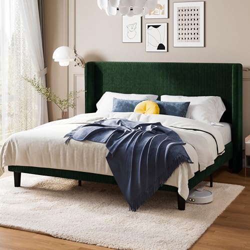 Image of Allewie King Size Platform Bed with Corduroy Wingback Headboard, Green | 1000 lb Capacity, Corduroy Wingback Headboard, Vertical Channel Design, Wood Slat Support, No Box Spring Needed /Easy Assembly