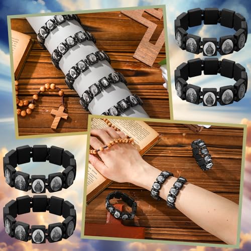 12 Pcs Devotional Catholic Religious Wood Stretch Bracelets Wooden Jesus Virgin Mary Bracelets with Images of Christian Saints Rosary Religious Saints Jesus Gift for Women Men4