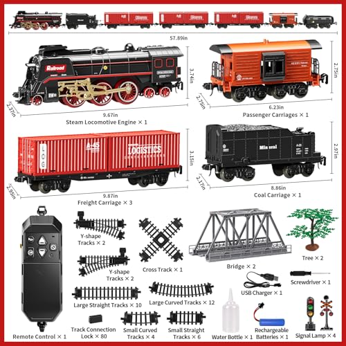 Pupu Pig Model Train Set, Remote Control Train Toys with 3Way Smoke Locomotive, 5 Train Cars, Luxury Track Kit, Authentic Train Sounds & Lights, Rechargeable Battery, Top Present for Train Lovers