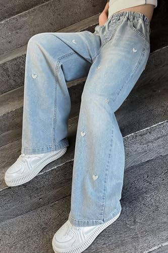 Girls Wide Leg Heart Embroidery Jeans Baggy Straight Denim Pants Vintage Streetwear Elastic Waist Casual Trousers3