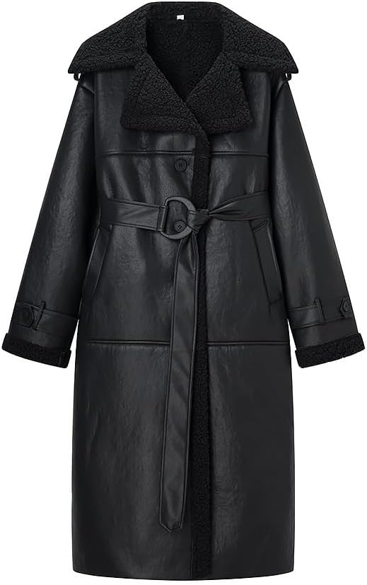 FUNSEED PU Fashion Long Coat for Women, Solid Color Coat with Belt and Pockets INS Business Casual