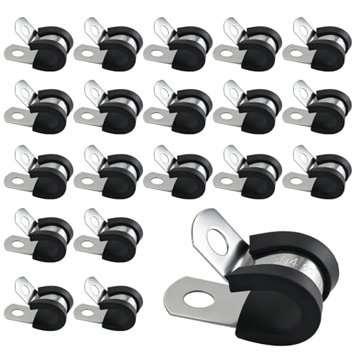 Image of 20PCS Stainless Steel Rubber Cushioned R Shape Clamps, Rubber Lined P Clips, 10mm (3/8") Hose Pipe Clamps, Cable Mounting Hose Pipe Clamp for Cable, Cord, Wire, Tube (10mm)