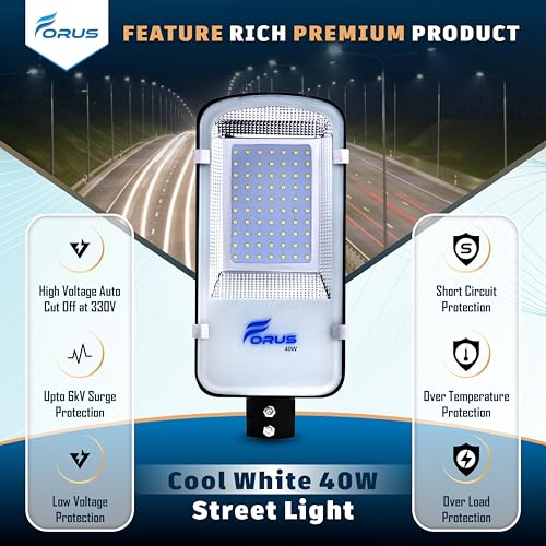 Image of Forus 40W LED Street Light Outdoor with 4 Year Warranty, High Power Floodlight, IP66 Waterproof Road Light, Parking Lot & Industrial Area Lighting, Energy Saving Aluminium Body, Cool White (1 PC)