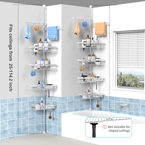 Image of KEGII Shower Caddy Tension Pole with 2 Towel Bars, Adjustable Corner Bathroom Organizer, Rustproof Bathtub Storage Shelves for Shampoo, 25-114.2 Inch Shower Rack for Renters & Family, Silver