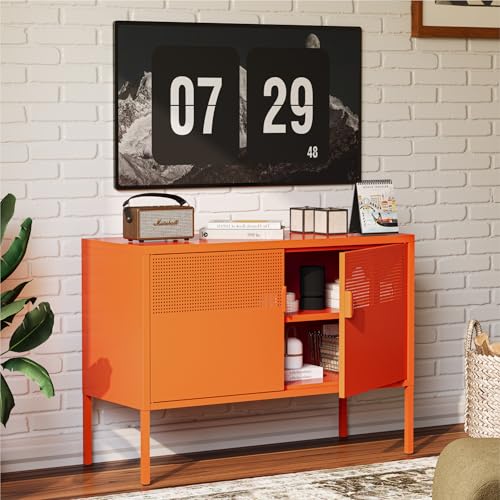 Image of COFaR TV Stand for TVs up to 75 Inch, 40''L Media Console with Ventilation Doors, Metal Entertainment Center with Adjustable Shelves & 120Lbs Storage for Living Room & Bedroom, Orange