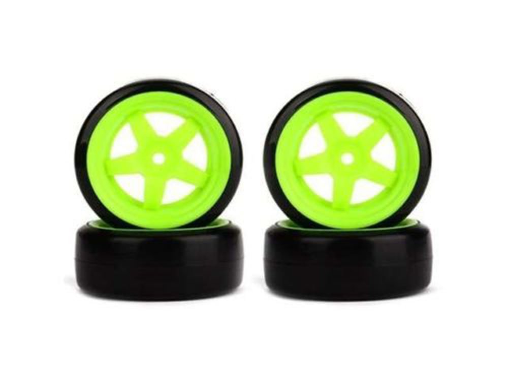 Hobbypower RC 1: 10 Racing Drift Car Plastic Smooth Tires + Green 5 Spoke Wheel Rims (Pack of 4pcs)