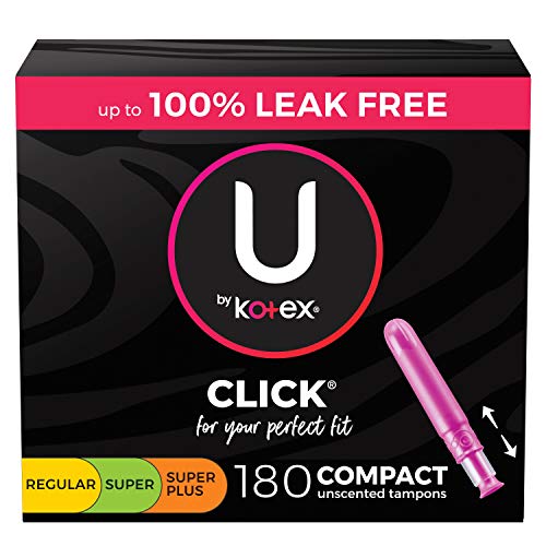 U by Kotex Click Multipack Tampons, Compact, Regular/Super/Super Plus Absorbency, Unscented, 180 Count (6 Packs of 30) (Packaging May Vary)
