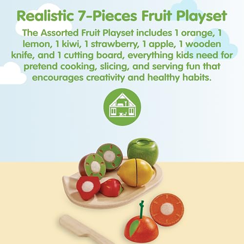 Image of PlanToys 7 Piece Assorted Fruit Kitchen Food Playset (3600) | Sustainably Made from Rubberwood and Non-Toxic Paints and Dyes