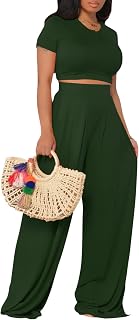 Casual Summer 2 Piece Outfits for Women Short Sleeve Crop Top High Waist Wide Leg Pants Sets