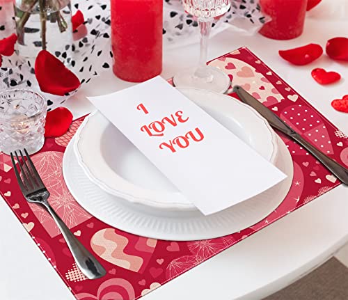Valentine's Day Pink Placemats Set Of 4,Pink Love Hearts Heat-Resistant Place Mats,Anniversary Wedding Table Decors For Farmhouse Kitchen Dining Party 12X18 Inch #TOP4