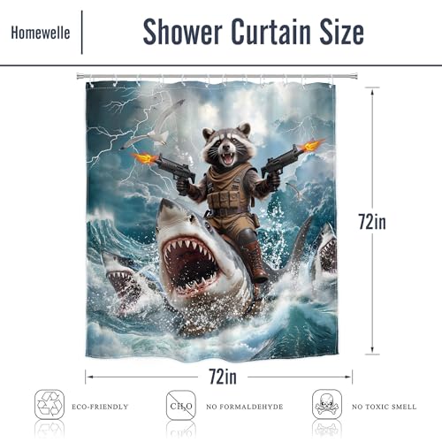 Image of Funny Cool Raccoon Shower Curtain Riding Shark Fun 72Wx72H Inch Decor