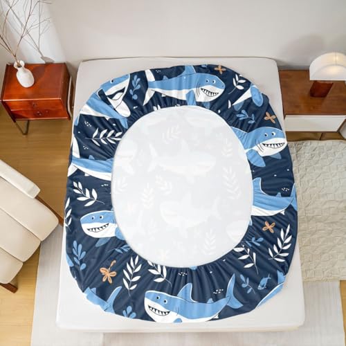 Image of jejeloiu Shark Bed Sheets Set Queen Size Ocean Decor Deep Pocket Fitted Sheet Sea Animal Bedding Sets Marine Life Soft Bed Set 4Pcs with 2 Pillow Cases
