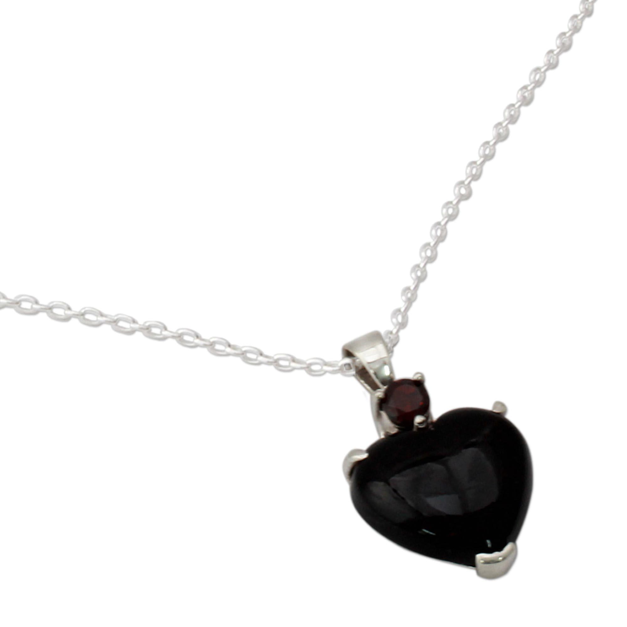 NOVICA Artisan Handmade Onyx Garnet Heart Necklace Sterling Silver Red Pendant India Birthstone [17.75 in L 1 mm W Pendant(s) 1.3 in L x 0.8 in W x 0.2 in D] ' Goth Love'