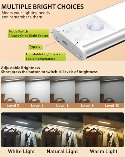 Image of 80-LED Under Cabinet Lighting, 12inch Rechargeable Motion Sensor Light Indoor, Magnetic Dimmable Closet Lights, Wireless Under Counter Lights for Kitchen, Stairs,Hallway 4 Pack