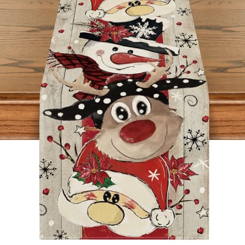 Artoid Mode Reindeer Santa Claus Snowflake Christmas Table Runner, Seasonal Winter Kitchen Dining Table Decoration for Home Party Decor 13x90 Inch