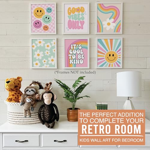 Image of Hadley Designs 6 Retro Girls Room Wall Art - Groovy Girls Room Decor for Bedroom, Aesthetic Nursery or Teen Bedroom Art, Unframed Cute Retro Posters for Kids' Space, Made in USA
