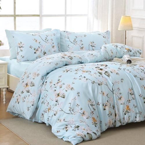 Image of MUXHOMO Ceiba Blue Full Comforter Set, Elegant Floral Print Bed in a Bag 7 Pieces, Ultra Soft & Breathable Reversible Botanical Pattern Bedding Set with Comforter, Sheets, Pillowcases, and Shams