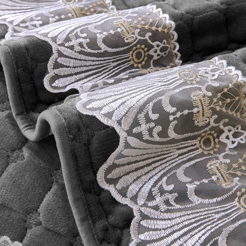 Image of HOKIPO 'BelleLace Series' Imperial Milk Velvet L Shape (2+2 Seater) Sofa Cover Mat with Lace Design, Porpoise Grey (AR-5964-5965-DGRY)