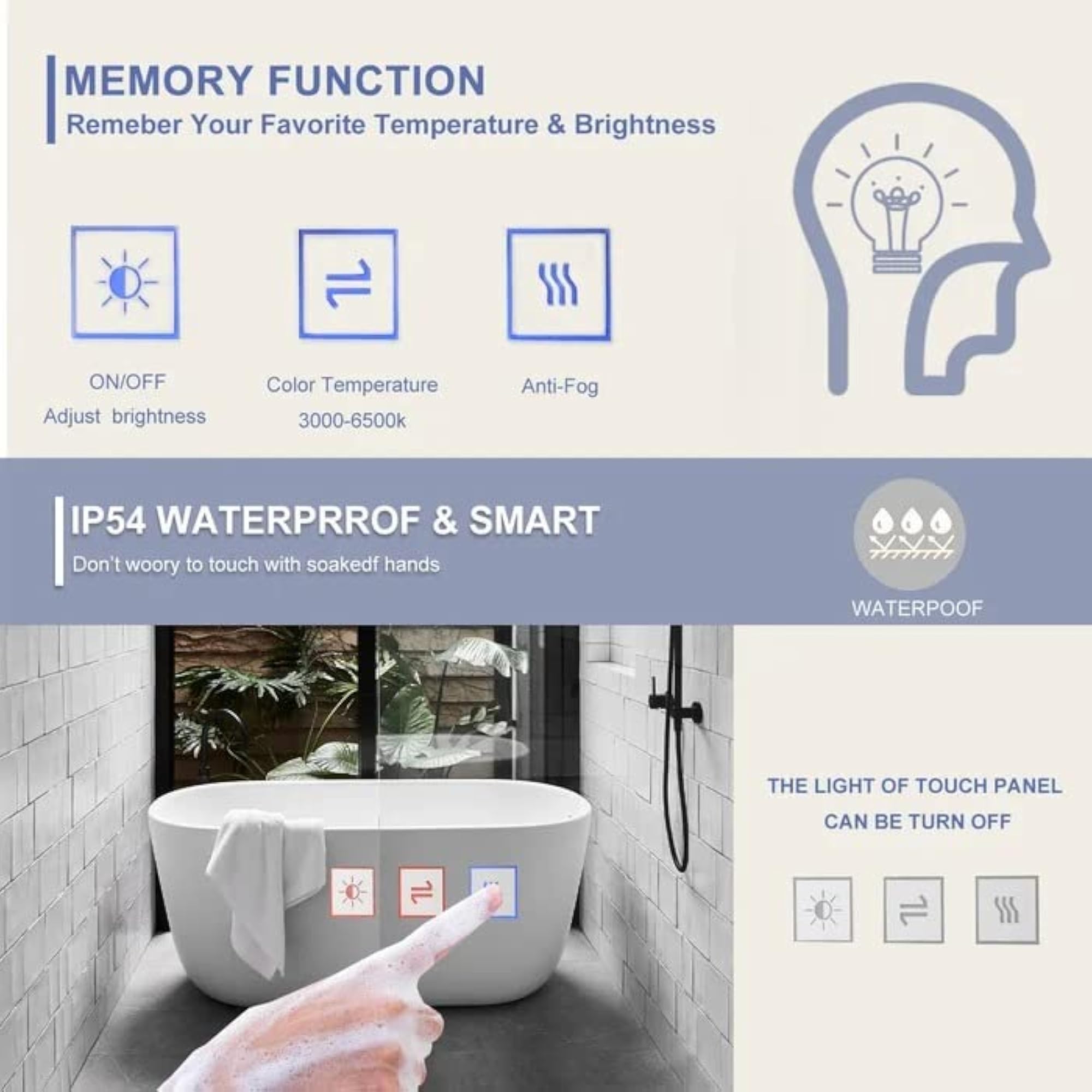 Smart LED Bathroom Mirror Vanity with Dimmable Waterproof Functionality