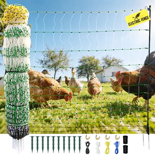 Electric Fence Netting 47.2 H x 164L Electric Chicken Fence Portable Chicken Fence with Double Spiked Fiberglass Posts for Chickens Ducks Turkeys Sheep Geese in Yard Farms Backyards Garden