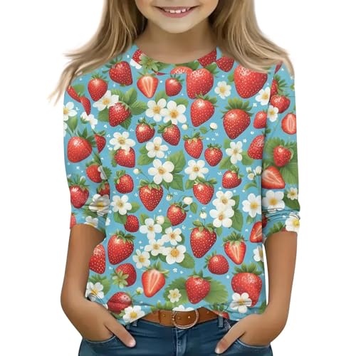 Girls Shirts Round Neck 3/4 Sleeve Cute Tops Summer Pullover Outfits Loose Fit Three Quarter Length Clothes
