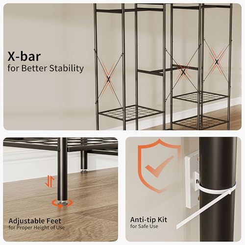 Heavy Duty Clothes Rack for Hanging Clothes, Free Standing Wardrobe Organizer with Rods & Shelves