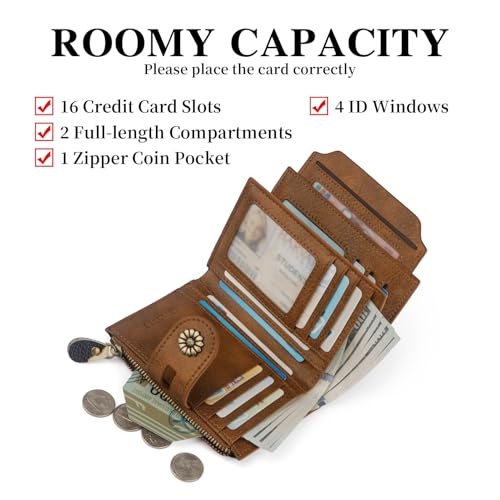 Image of Wallet Women,RFID Blocking Leather Womens Wallet Bifold Compact Small Wallet for Women Card Holder with Removable ID Window cowprint brown