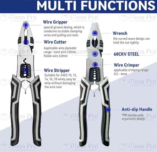 Image of Multi-Function Combination Plier 5-in-1 | Wire Cutter, Stripper & Crimper | Heavy Duty 60CrV Steel Electrical Hand Tool