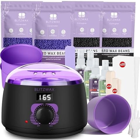 BLITZWAX Digital Waxing Kit with Silicone Wax Pot Liner for Women Men Hair Removal, Lavender & Cologne Wax Beads with Wax Sticks Kit for Face, Back, Body and Sensitive Skin, Easy Waxing at Home Salon Cover