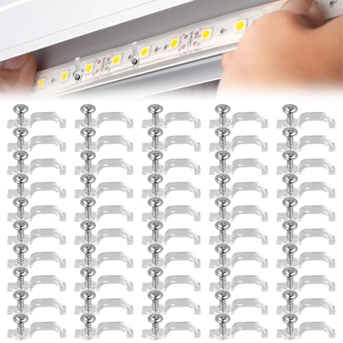 ZEPIQOR 50 Piezas Clips Transparentes para Tiras de Luz,10mm con Tornillos de Montaje,Clips LED Fuertes,Tornillos de Fijación,para Tiras de Luz LED de 10MM de Ancho